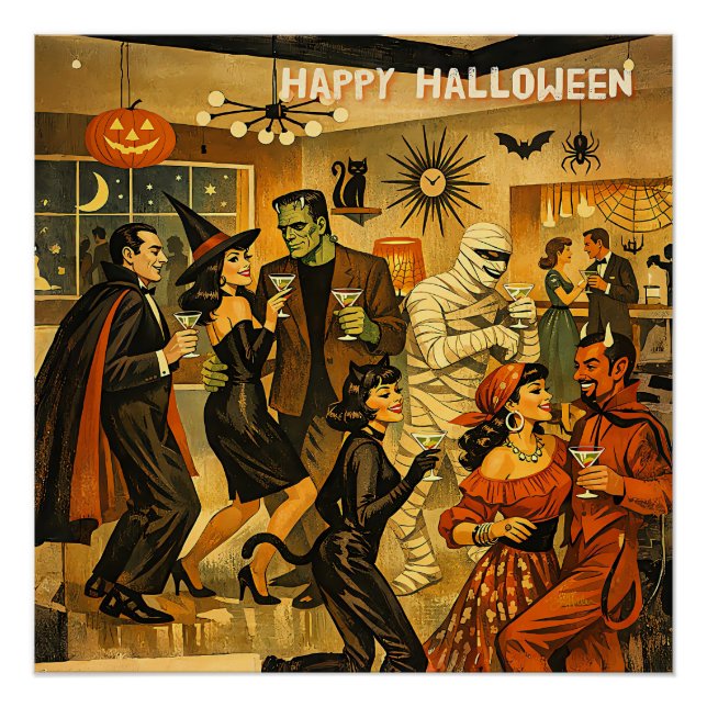 Póster Fiesta de Martini de Halloween Retro de la Mitad d (Anverso)