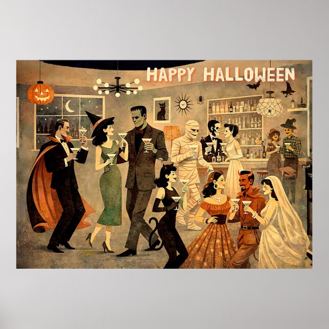 Póster Fiesta de Martini de Halloween Retro de mediados d (Frente)