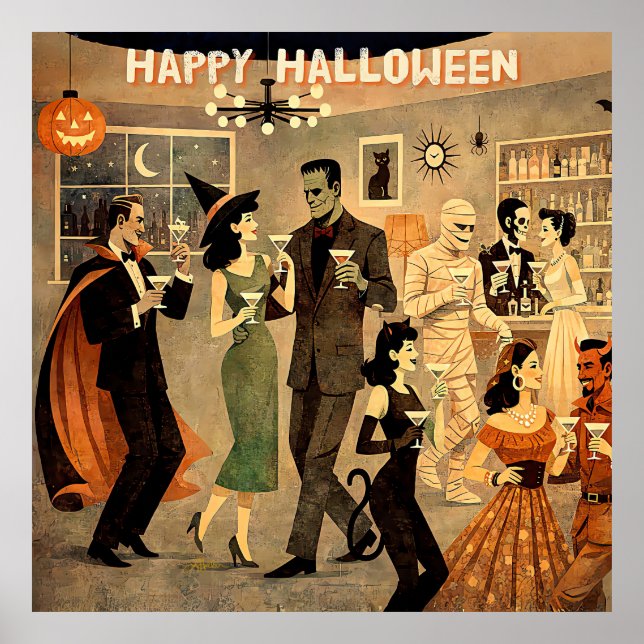 Póster Fiesta de Martini de Halloween Retro de mediados d (Frente)