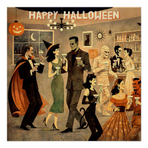 Póster Fiesta de Martini de Halloween Retro de Mediados d