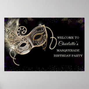 Póster Fiesta de Mascarada Personalizada de Oro Negro y P
