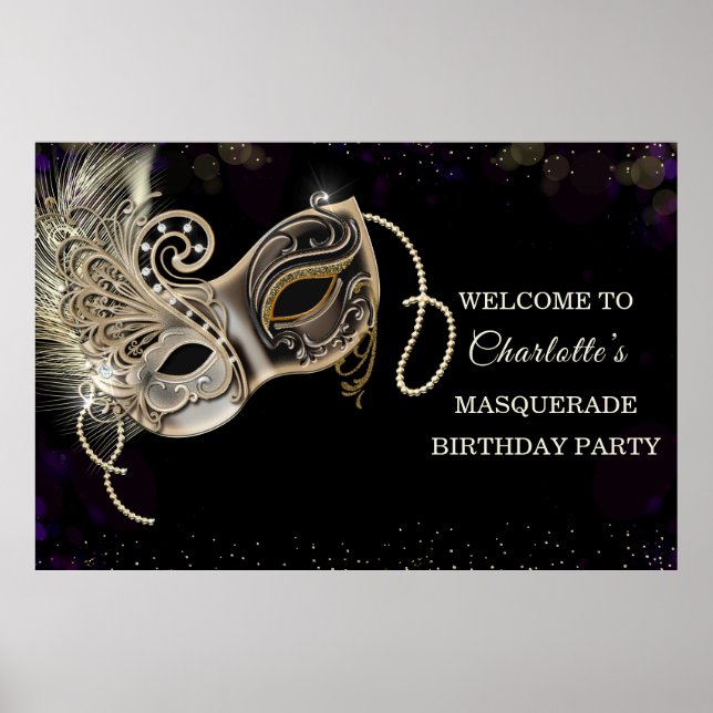 Póster Fiesta de Mascarada Personalizada de Oro Negro y P (Frente)