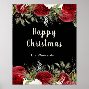 Póster Fiesta de Navidad elegante con flores rojas