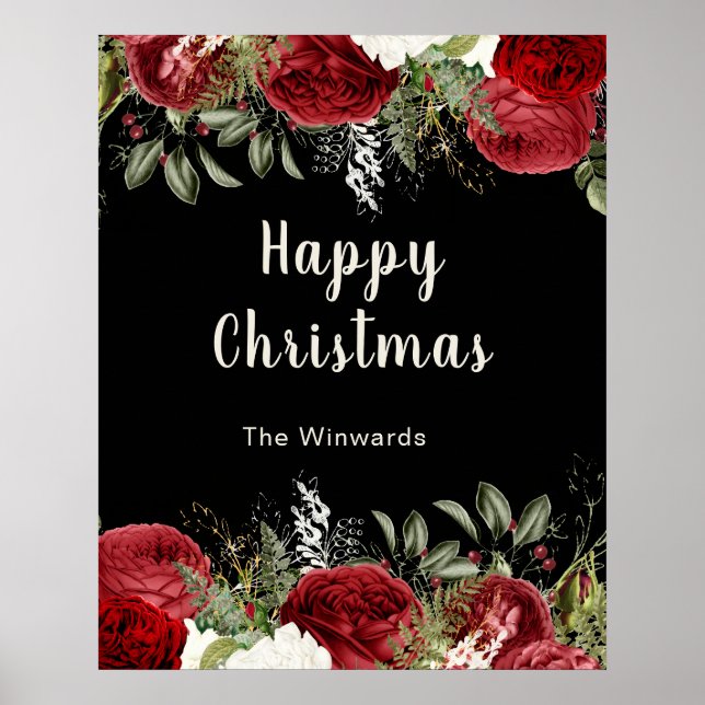 Póster Fiesta de Navidad elegante con flores rojas (Frente)