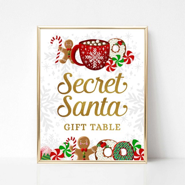 Póster Fiesta de Navidades del Rótulo de mesa de regalo s (Secret Santa Gift Table Sign, Sweet Christmas Theme, Holiday Party Sign)