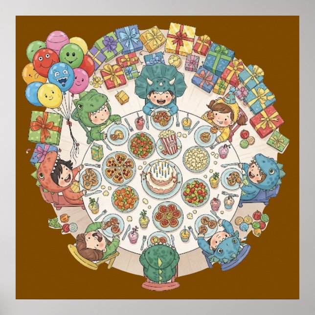 Póster Fiesta de niños con disfraces de dinosaurio (Frente)