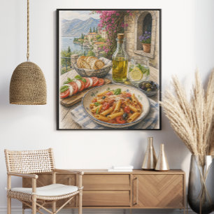 Póster Fiesta de Pasta Costera Mediterránea con Lápiz de 