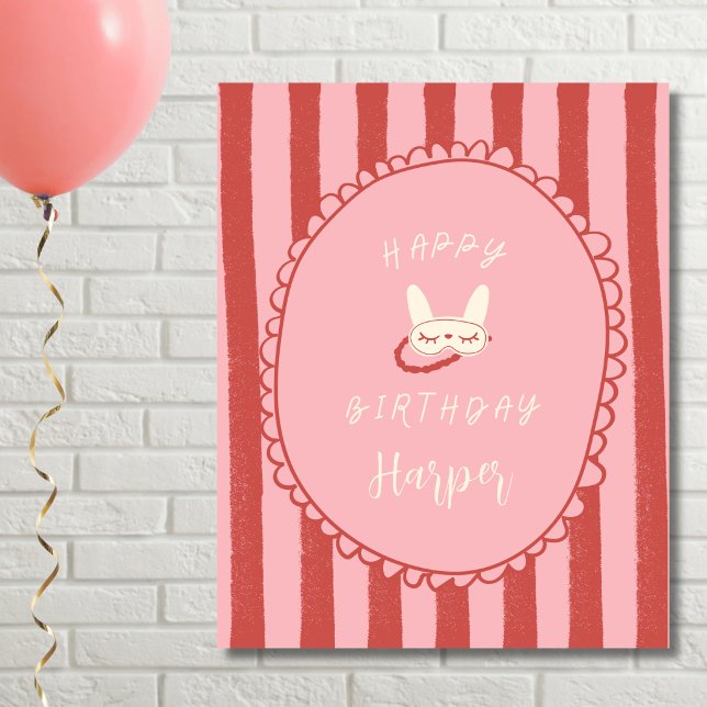 Póster fiesta de pijamas cumpleaños adolescente chica vin (sleepover slumber birthday party girl teen vintage modern happy birthday poster sign personalized)