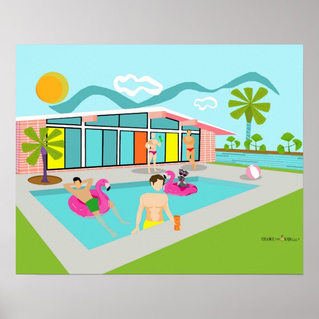 Póster Fiesta de piscina de flamenco rosa gay retro (Frente)
