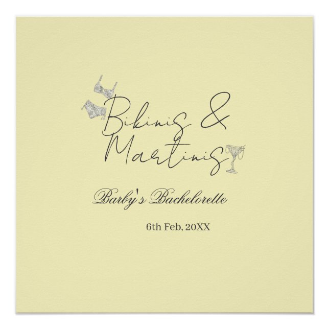 Póster Fiesta de soltera Bikins & Martinis amarillo retro (Anverso)