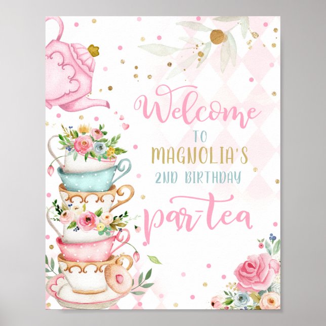 Póster Fiesta de té Chica de cumpleaños Pink & Gold Flora (Frente)