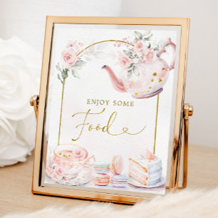 Póster Fiesta de té con flores de oro rosado con ducha de