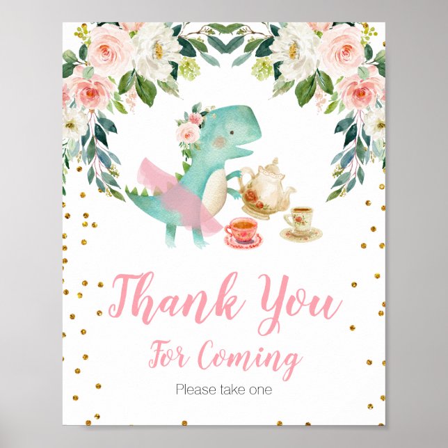 Póster Fiesta de té de Dinosaurio Floral Gracias por veni (Frente)