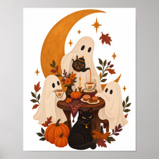 Póster Fiesta de té de fantasmas lindos gato negro luna c