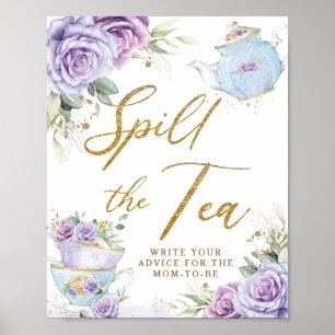 Póster Fiesta de té floral morado para baby shower Spill