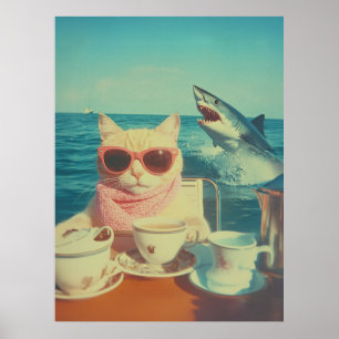 Póster Fiesta de té oceánico de un gato elegante