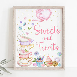 Póster Fiesta de té rosado dulces y tratamientos Rótulo d