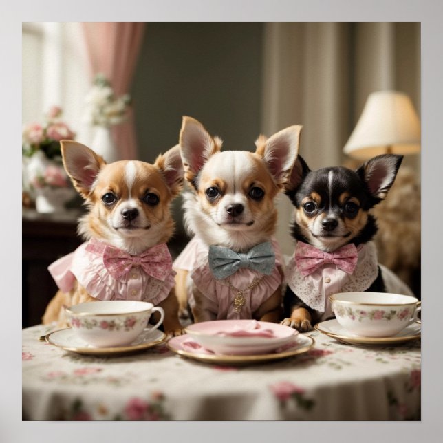 Póster Fiesta del té de Cute Girly Chihuahua (Frente)