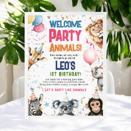 Póster Fiesta divertido Animales 1º cumpleaños Bienvenida