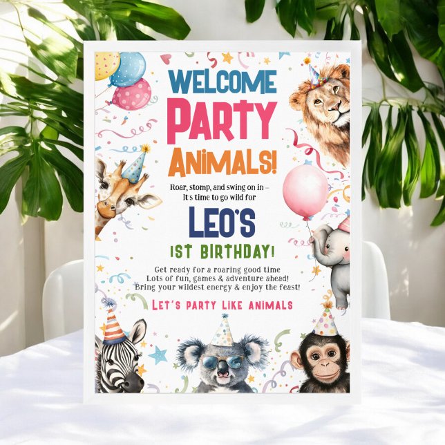 Póster Fiesta divertido Animales 1º cumpleaños Bienvenida (Fun Party Animals 1st birthday Welcome Poster)