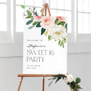 Póster Fiesta Dulces 16 Jardín de Flores Rosadas y Blanca