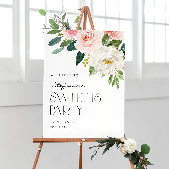 Póster Fiesta Dulces 16 Jardín de Flores Rosadas y Blanca (Botanical sweet 16 party sign featuring watercolor blush and white garden flowers. )