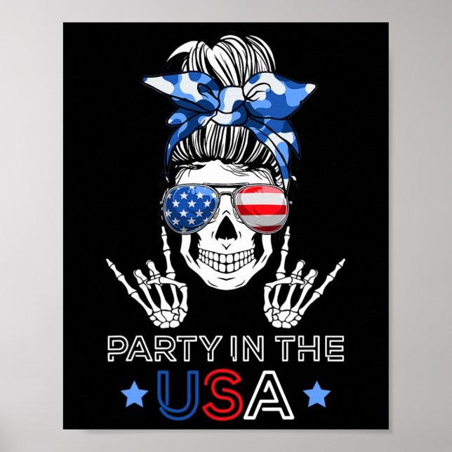 Póster Fiesta En Eeuu Messy Bun Skeleton Rock N Roll 4 De (Frente)
