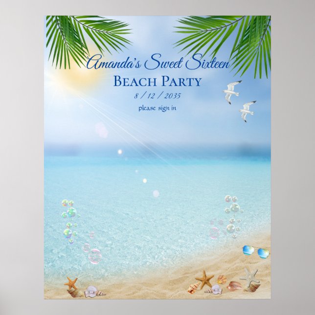 Póster Fiesta en la playa Luau Dulces Dieciséis Conchas C (Frente)
