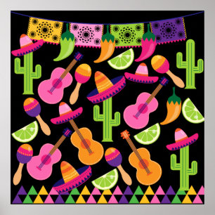 Póster Fiesta Fiesta Sombrero Cactus Limes Peppers Maraca