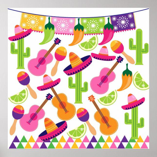 Póster Fiesta Fiesta Sombrero Cactus Limes Peppers Maraca (Frente)