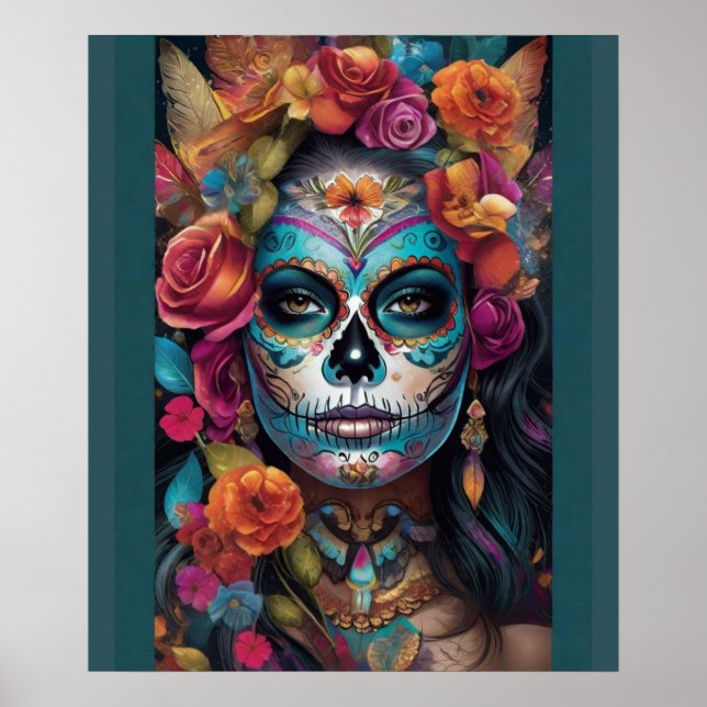 Póster Fiesta floral: mujer abraza el Día de los Muertos (Frente)