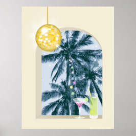 Póster Fiesta ilumina cócteles Disco palmas de bola en am