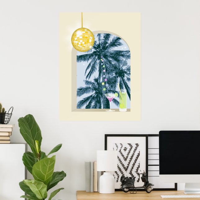 Póster Fiesta ilumina cócteles Disco palmas de bola en am (Oficina en casa)