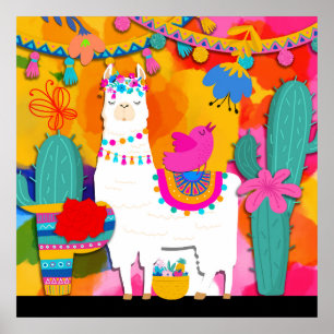 Póster Fiesta Llama Cinco De Mayo Colorido Diversión Acua