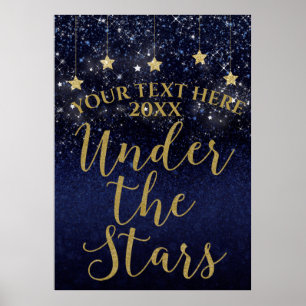 Póster Fiesta Nocturna Estrellada Azul y Dorada Bajo las 