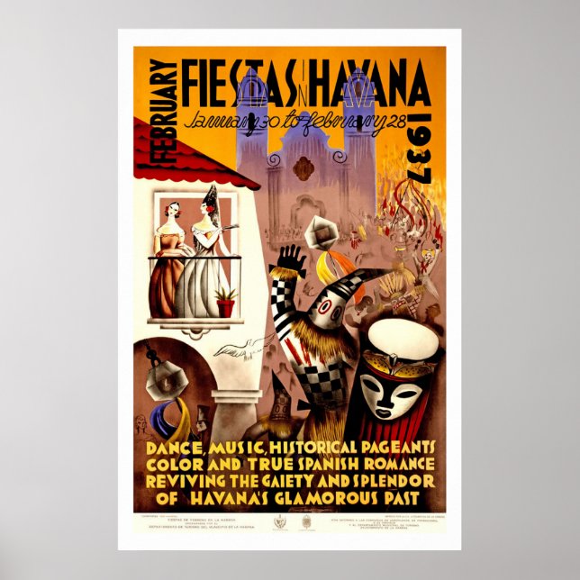 Póster Fiestas en La Habana Viajes Vintage (Frente)