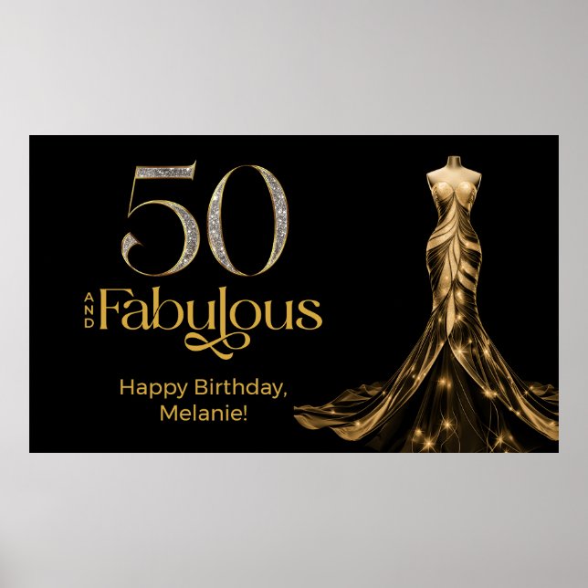 Póster Fifty and Fabulous Gold Dress Black 50th Birthday (Frente)