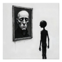 Figura de palitos mirando un retrato de un hombre
