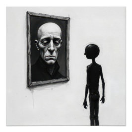 Póster Figura de palitos mirando un retrato de un hombre 