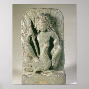 Póster Figura de Skanda con su pavo real, colinas de