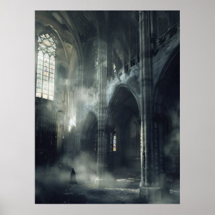 Póster Figura encapuchada abandonada catedral gótica