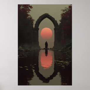 Póster Figura Encapuchada Arco Gótico Sol de Sangre