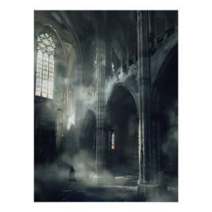 Póster Figura encapuchada en catedral gótica abandonada