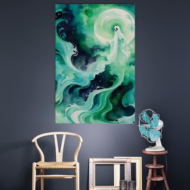 Póster Figura fantasma verde con luna (Green Ghost and Moon Poster)