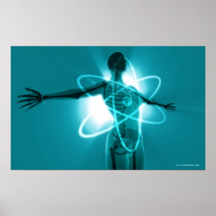 Póster Figura femenina con una capa de un símbolo atómico