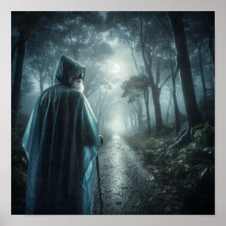 Póster Figura Mística en Bosque Brumoso