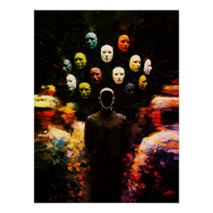 Póster Figura sin rostro rodeada de caras enmascaradas Im
