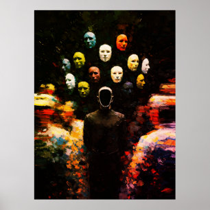 Póster Figura sin rostro rodeada de caras enmascaradas Im