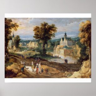 Póster Figures in a landscape with village and castle bey