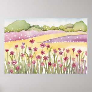 Póster Fijación de sol de campo de flores rosadas Pintado